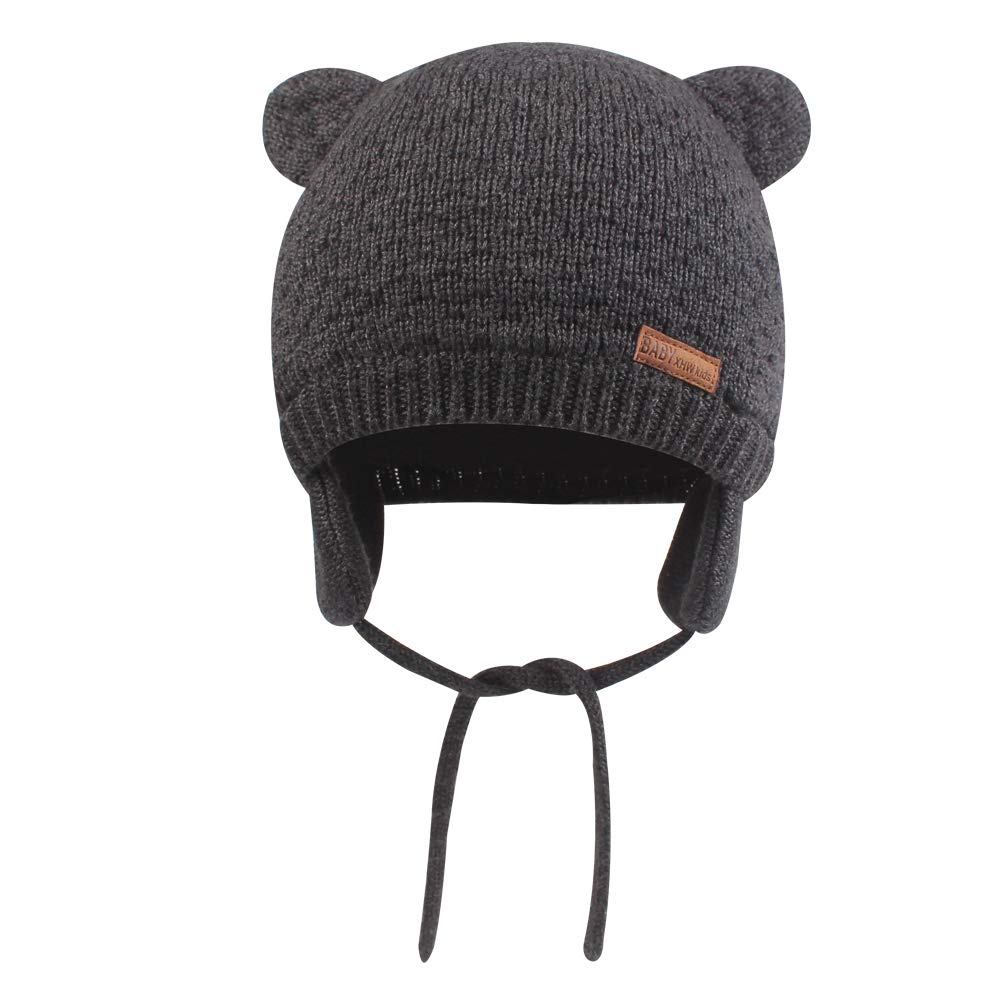 BAVST Baby Toddler Winter Beanie Warm Boys Girls Earflap Hat Infant Knit Caps Cute Bear Soft Cotton Lining for 0-36M(Grey-Dark,S)