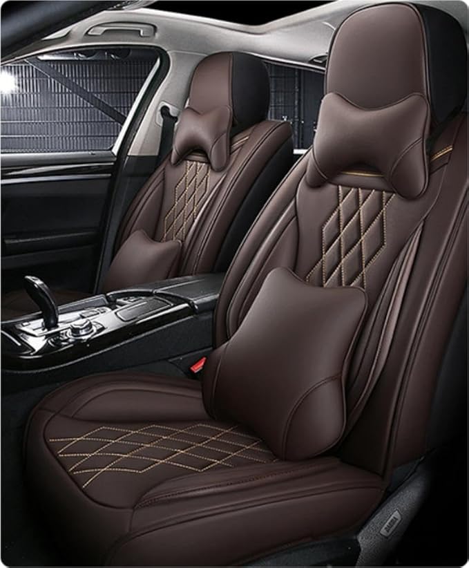 Leather Car Seat Covers for Volkswagen Atlas 2019-2023 Waterproof,Breathable and Non-Slip Napa Leather Car Interior Seat Covers,Comfortable and Durable,Easy to Install(5PCS,Luxury,Coffee)
