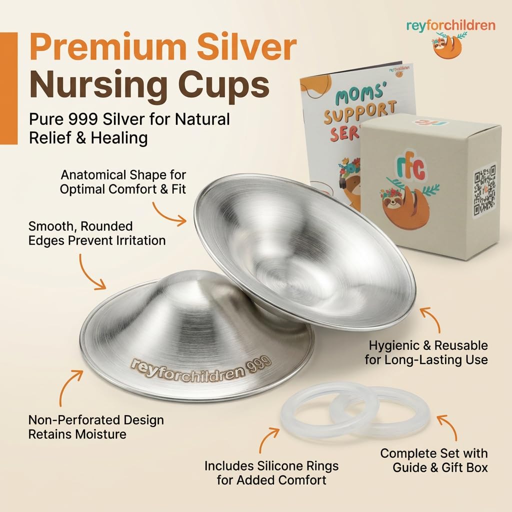 RFC Silver Nursing Cups - 999 Silver Nursing Pad - Nipple Shield Kit for Nursing Newborn - Breastfeeding Essentials - Nipple Cover Breastfeeding - with Silicone Ring & Cleaning Scotch & Case (XL)