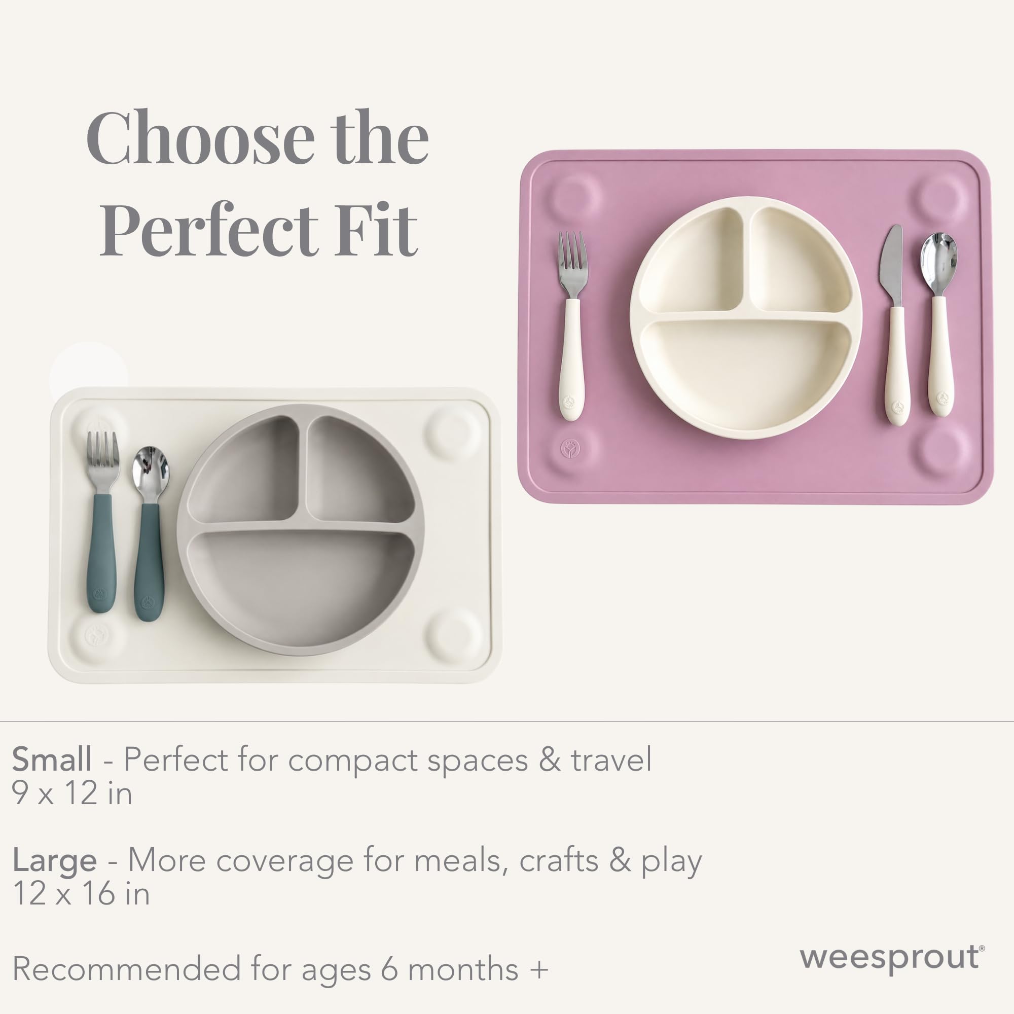 WeeSprout Silicone Suction Placemats for Babies, Toddlers & Kids, Durable Food Grade Silicone with Non-Slip Suction, Raised Edges Contain Mess, Dishwasher Safe, for Dining Table & Restaurants, 2 Pack