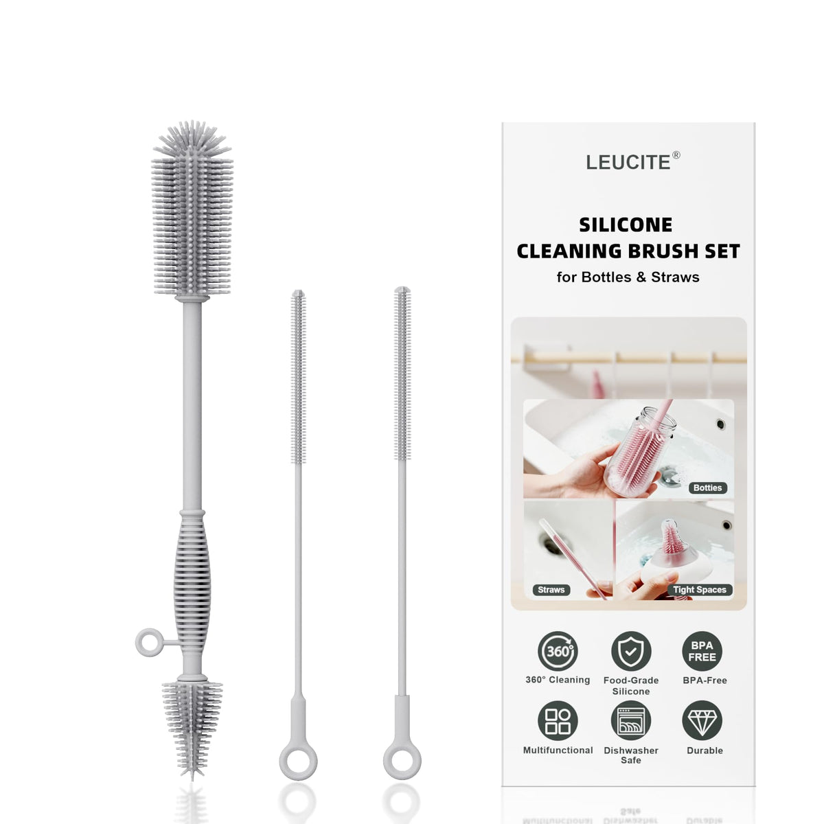 Reusable Silicone Straw Cleaner Brush Set, 2-Pack Extra Long Straw Cleaning Brush for Metal/Glass/Water Bottle/Drinking Straws, Flexible&Bendable Design, Dishwasher Safe, 6mm & 8mm Diameter