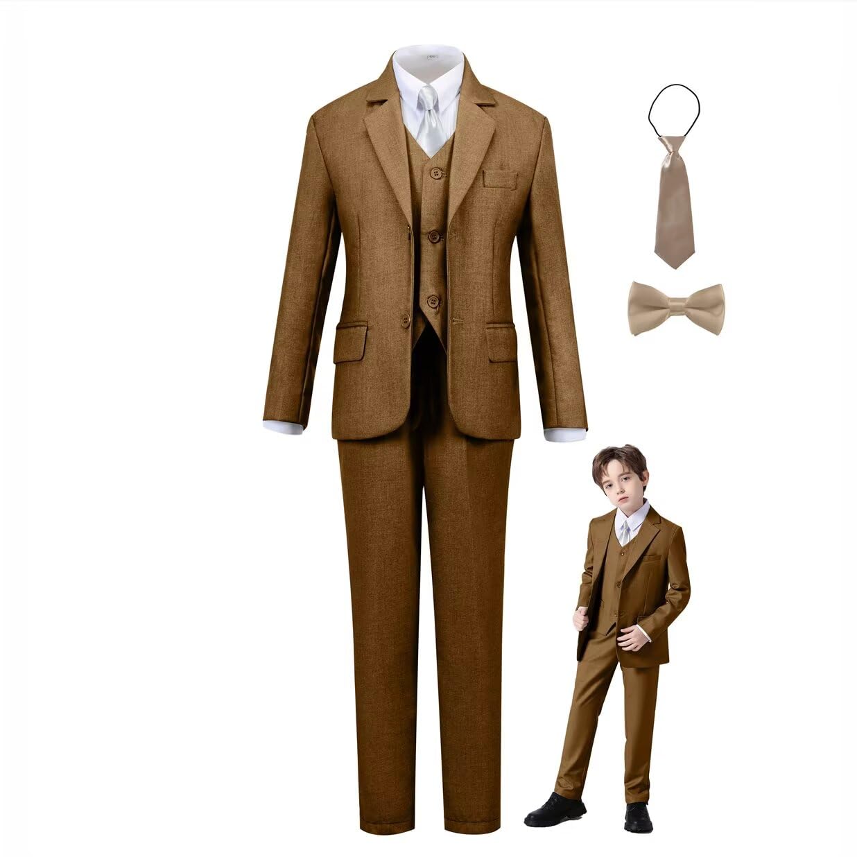 Boys Suit 6 Piece Formal Tuexdo Suit Set Boy Dress Outfit Dark Khaki 4