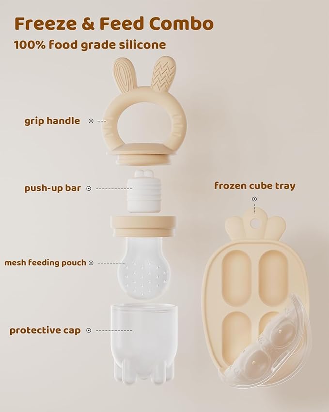 2 Packs Baby Fruit Feeder & Freezer Tray Combo, Push Pop Baby Food Feeder to Safely Introduce New Foods, Fresh & Frozen Food Silicone Feeder, 100% Food Grade, BPA Free