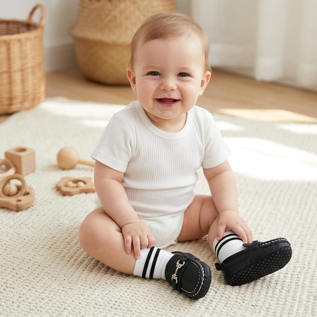LONSOEN Infant Shoes Boys Loafers Baby Girls Crib Moccasins Classic Synthetic Leather Wedding Dress Shoes,BAY209 Black 0-6 Months