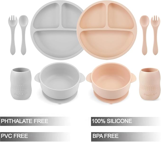 PandaEar Silicone Baby Feeding Set| 2 Divided Suction Plate + 2 Suction Bowl + 2 Tiny Cup with 2 Spoons| Baby Led Weaning Supplies Self Feeding Utensils (Pink Gray)