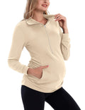 GINKANA Maternity Long Sleeve Shirts Half Zipper Lapel Lightweight Casual Maternity Tops with Pockets,Apricot,L