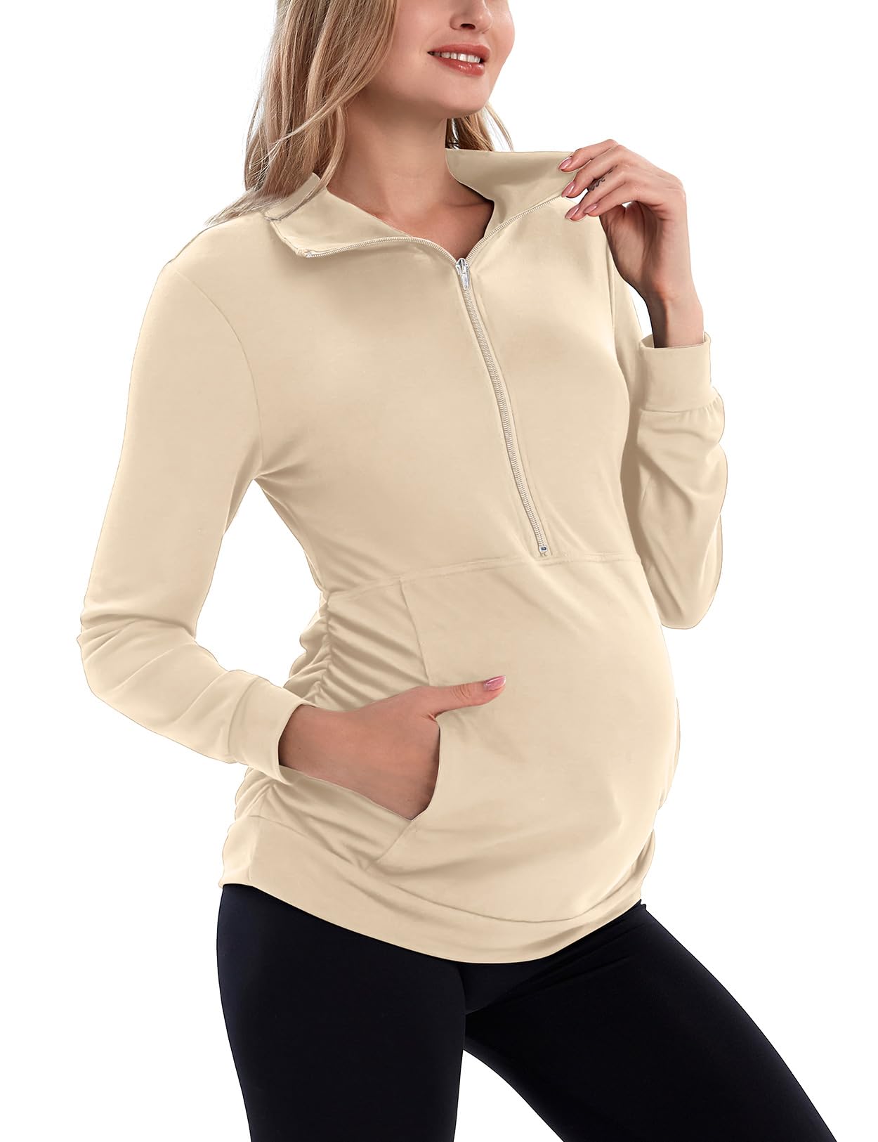 GINKANA Maternity Long Sleeve Shirts Half Zipper Lapel Lightweight Casual Maternity Tops with Pockets,Apricot,L