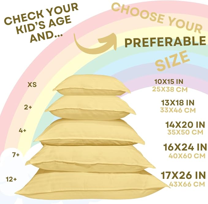 kinder Fluff Children Pillow (2Pack) 10x15in - First Pillow for Kids Age 2+, 100% Cotton Sateen Stripes Shell 300T, Down Alternative Fill, Machine Washable - Children & Travel Cushion - Yellow - XS