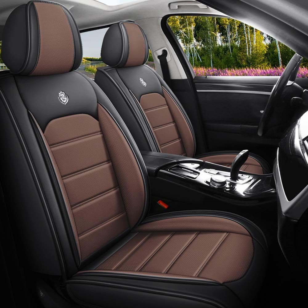 LEYPOCO Leather Seat Cover for Ford Edge 2010-2026,Waterproof Soft Seat Covers,Interior Accessories Seat Covers Cushion Vehicle Protector Airbag Compatible(Black&Coffee,2PCS Front)