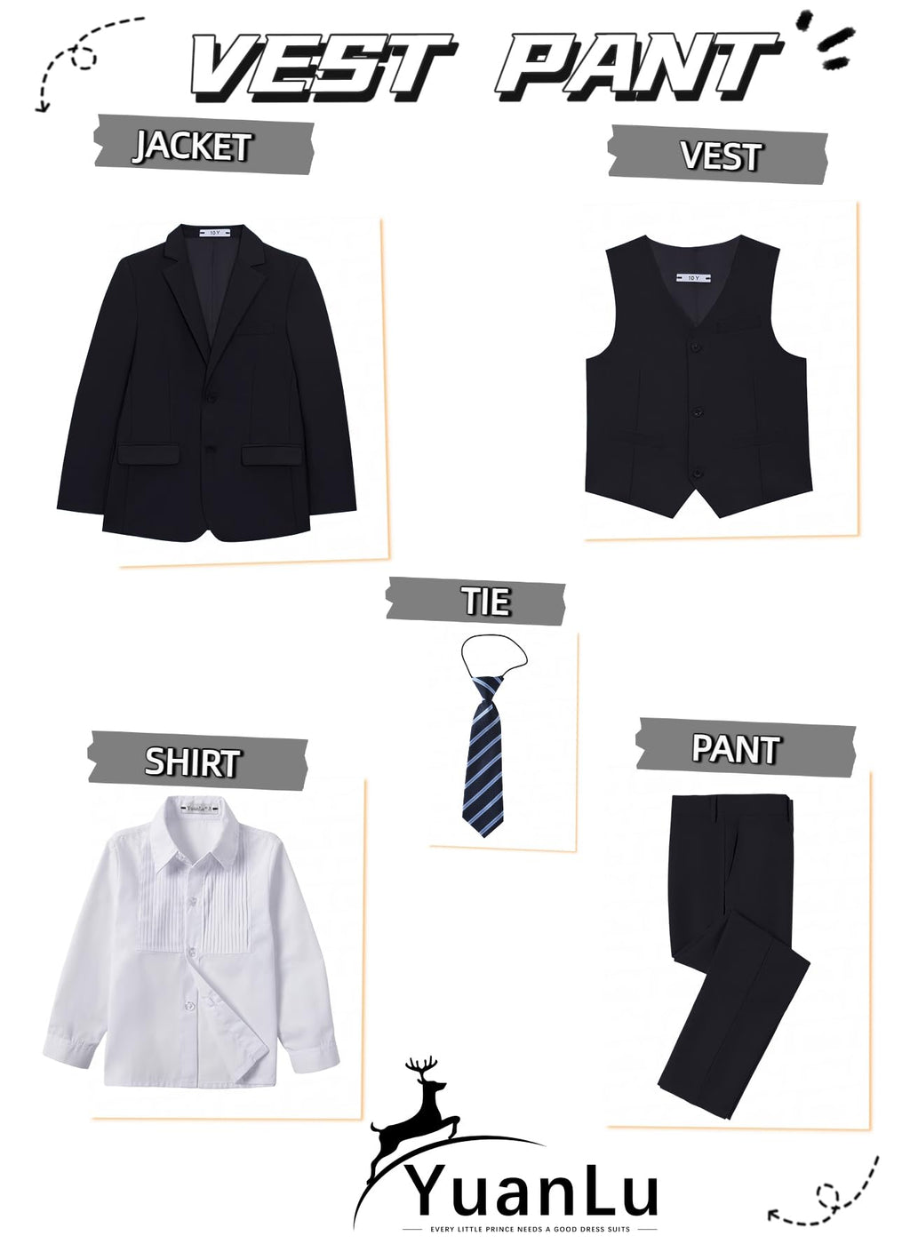 YuanLu Toddler Tuxedo Kids Black Slim Fit Outfit Boys Formal Suit Size 4T