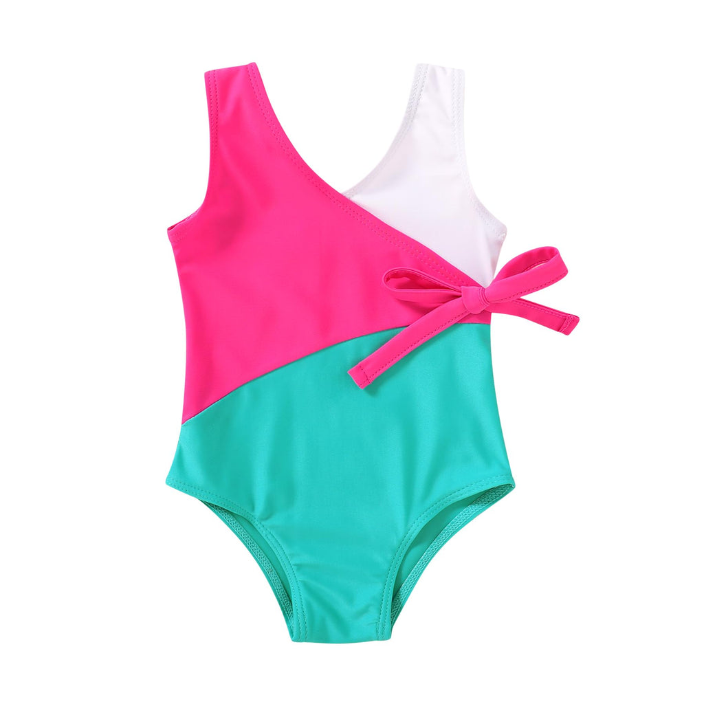 Happy Town Toddler Swimsuit Girl One Piece Bathing Suit Color Block Swimwear Baby Summer Beach Wear(6-7 Years,White Pink Blue)