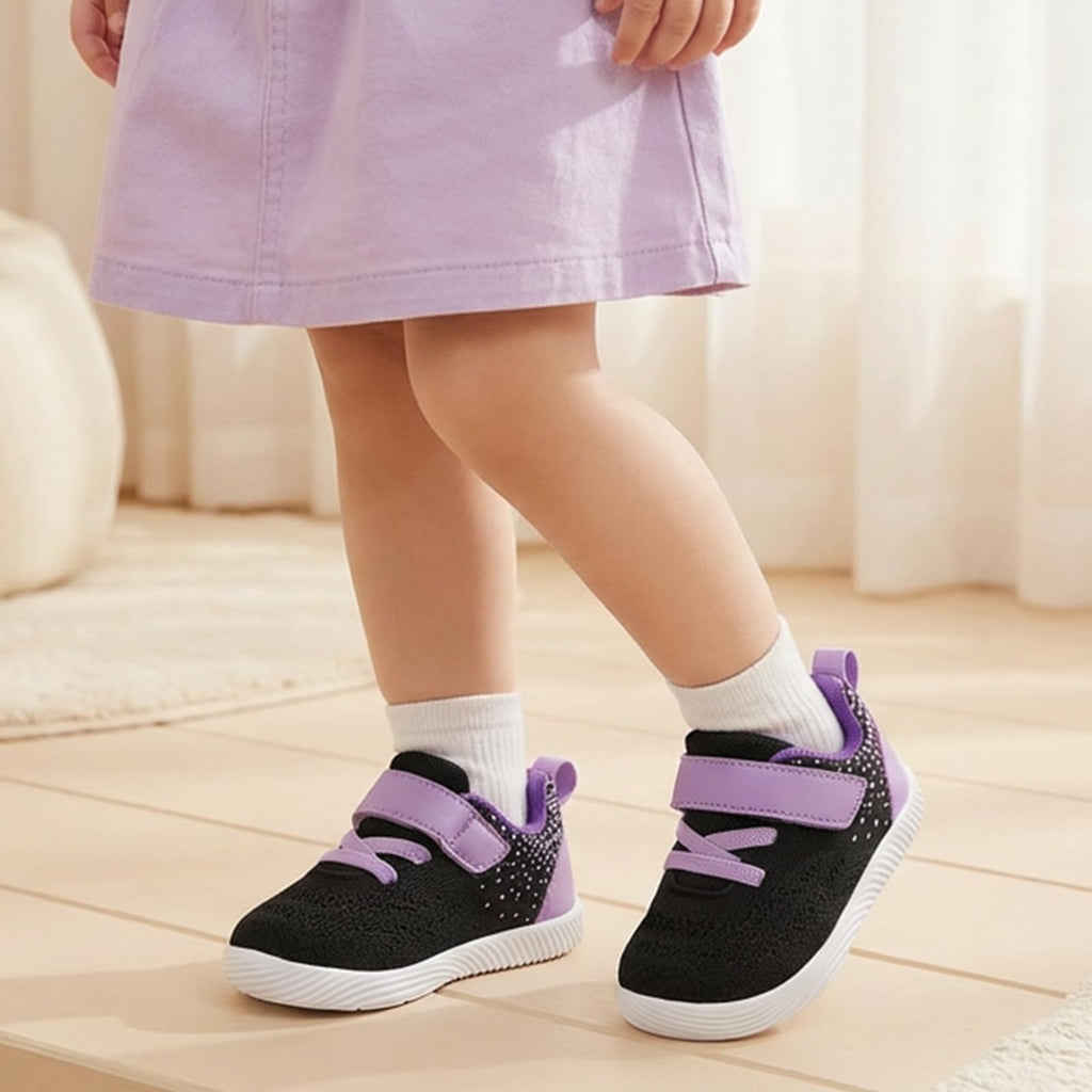 MORENDL Toddler Sneakers Baby Boys & Girls Barefoot Shoes Lightweight Breathable Walking Running Tennis Athletic Sport Shoes Black Purple 18-24 Months Size 6.5
