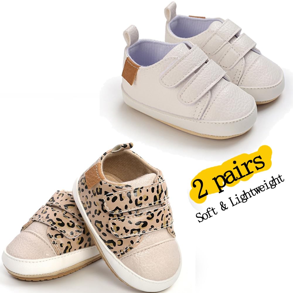 eitwo 2Pairs Baby Shoes,Boys Girls Non-Slip Rubber Sole Sneakers,Unisex Infant Soft Lightweight First Walking Crib Shoes (2Pairs_White+Leopard,3-6 Months)