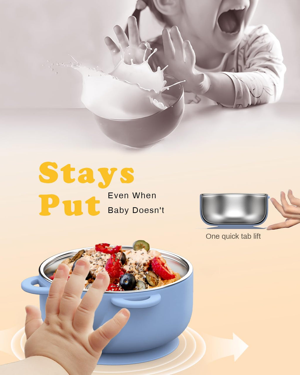 Bakpoco Baby Suction Bowls with Lids 4-Pack, 2-in-1 Stainless Steel 304 Toddler Bowl & Removable Silicone Suction Kids Bowl Plate Set Non Toxic Snack Dishes for Self-Feeding, Sunrise Meadow