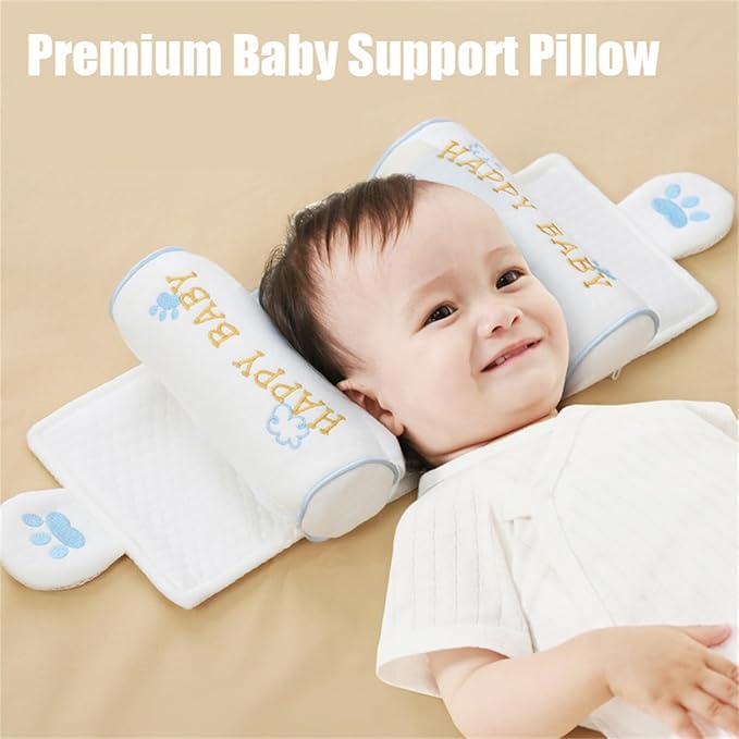 Kariney Baby Pillow, Compariston All-Season Breathable Pillow for Baby Development, Organic Cotton Adjustable Infant Head Cushion (Blue,Rabbit)