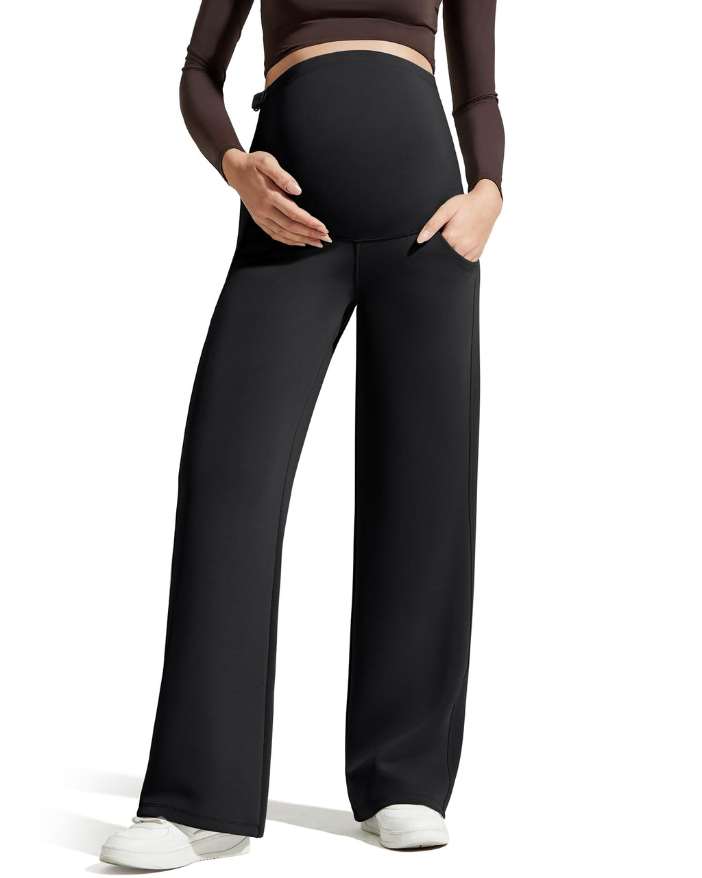 G4Free Maternity Sweatpants with Pockets Stretchy Wide Leg Yoga Lounge Trousers Pregnancy Casual Pants Over Bump(Black,M,Regular)