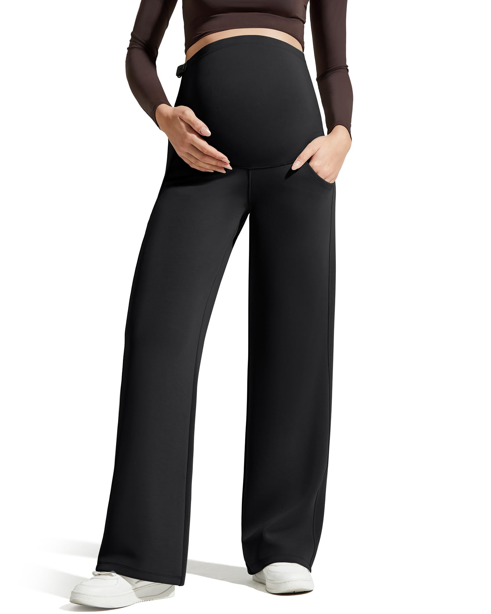 G4Free Maternity Sweatpants with Pockets Stretchy Wide Leg Yoga Lounge Trousers Pregnancy Casual Pants Over Bump(Black,M,Regular)