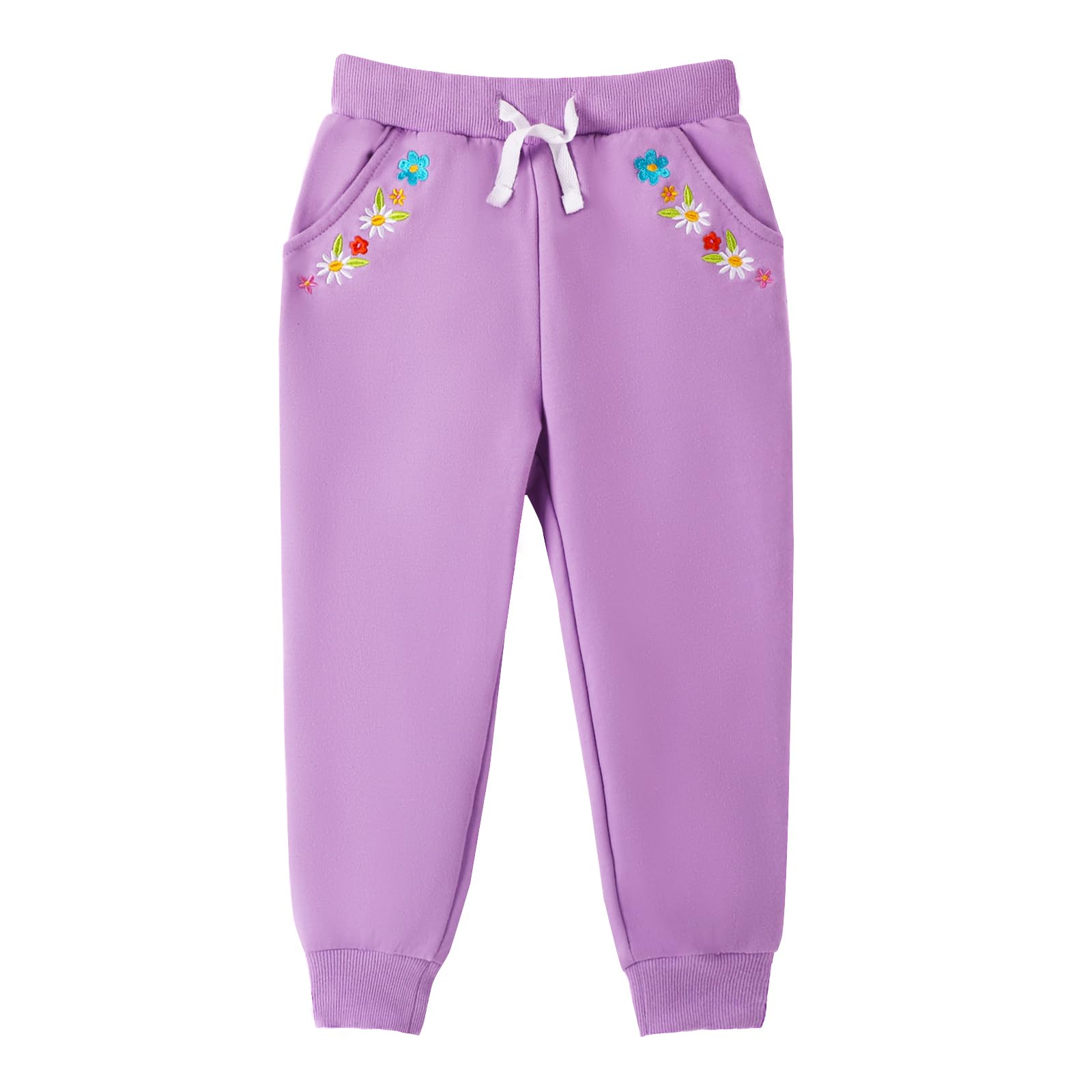 HILEELANG Baby Girls Cotton Joggers Sweatpants Floral Embroidery Drawstring Waist and Pockets-Purple Navy Blue Casual Athletic Pants for Kids 12M