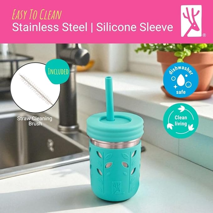 Elk and Friends 10oz Stainless Steel Kids + Toddler Drinking Cups | The Original Mason Jars with Lids + Sleeves + Straws | Smoothie Cups | Spill Resistant | Dishwasher Safe | 2 Pack