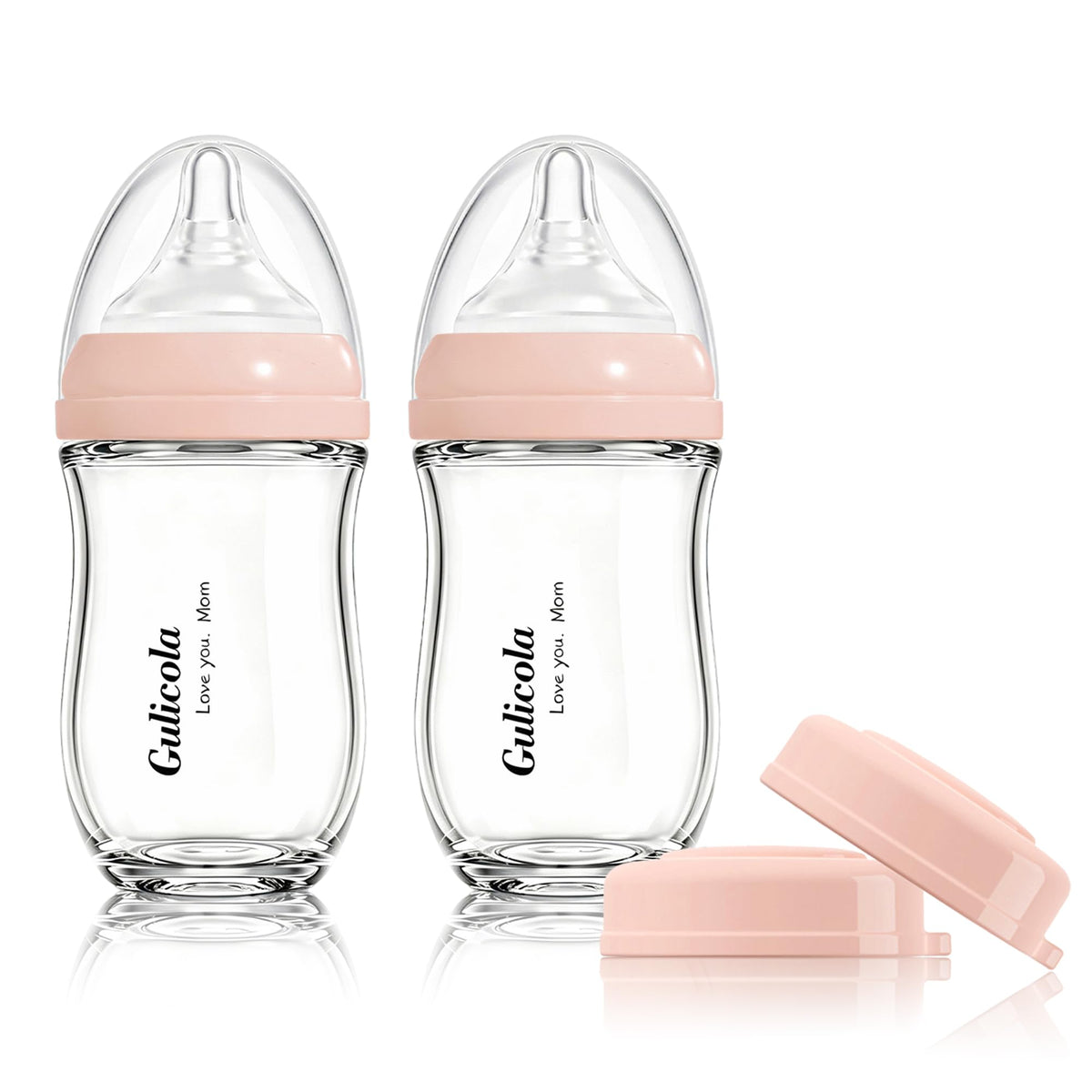 Gulicola Small Glass Baby Bottle for Newborn Breastfeeding Babies, Preemie & Extra Slow Flow Nipples (SS), Anti-Colic, Breast-Like, 0 Months+, 3 oz, 2 Pack - Pink
