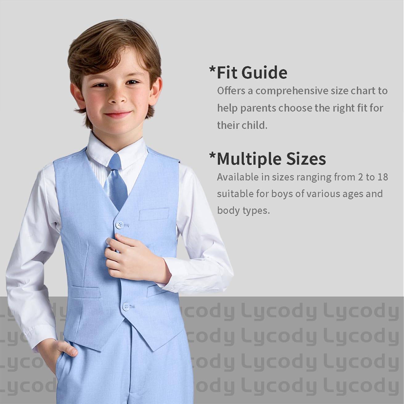 Boys Suit Vest Set Formal Dress Suits Wedding Outfit, Light Blue, Size 7