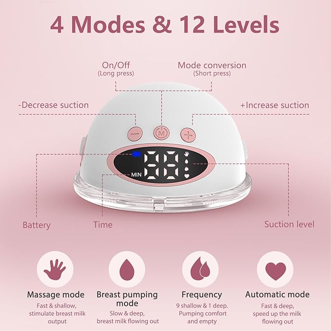 Wearable Electric Breast Pump, Hands-Free Breastfeeding Pump with 4 Modes & 12 Levels, Anti-Backflow, LED Display, 10 Breastmilk Storage Bags