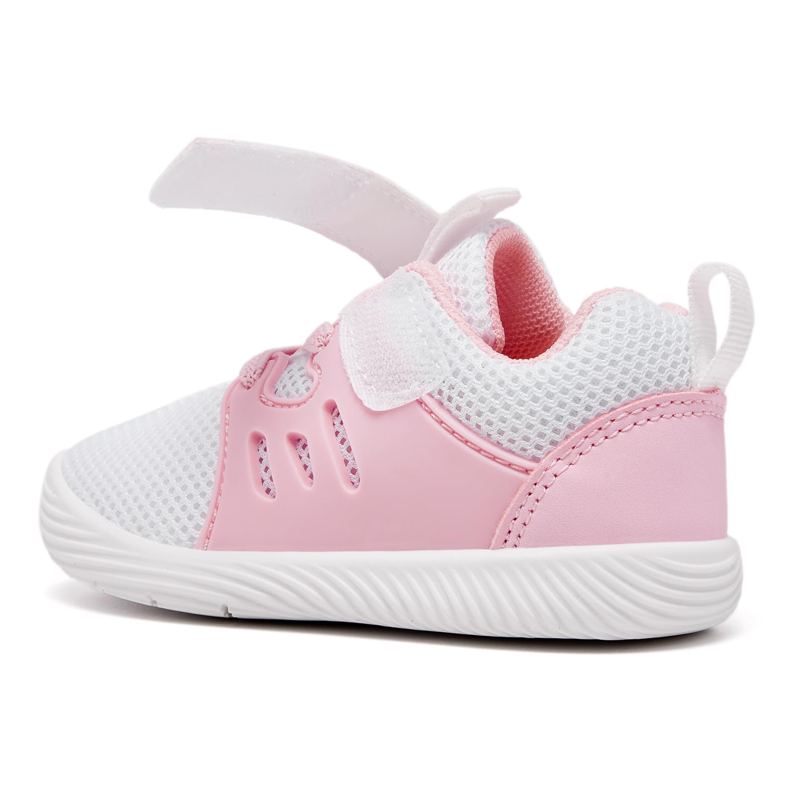 MORENDL Toddler Sneakers Baby Boys & Girls Barefoot Shoes Lightweight Breathable Walking Running Tennis Athletic Sport Shoes White Pink 6-9 Months