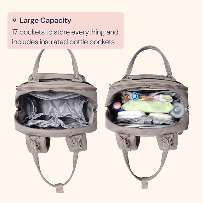 BabbleRoo Diaper Bag Backpack - Baby Essentials Travel Tote - Multi Function Water Resistant Diaper Bag, Travel Essentials Baby Bag with Changing Pad, Stroller Straps & Pacifier Case - Unisex, Khaki