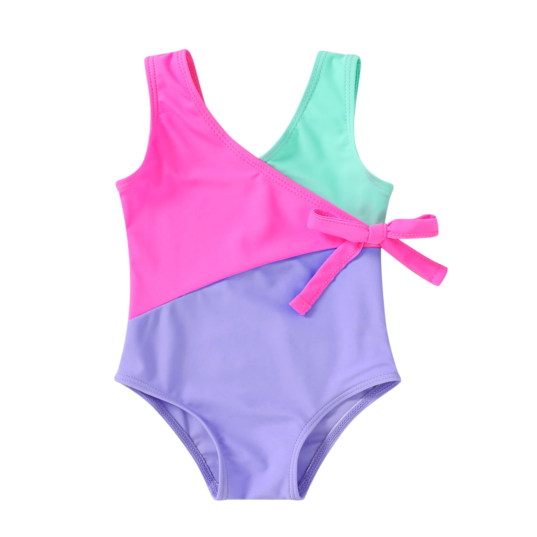 Happy Town Toddler Swimsuit Girl One Piece Bathing Suit Color Block Swimwear Baby Summer Beach Wear(18-24 Months, Green Pink Purple)