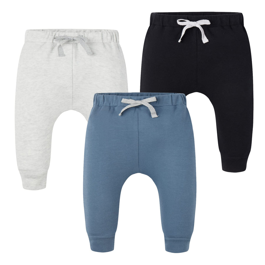 AIUI-HARNSBORN Baby 3 Pack Flexy Pants and Leggings, Infant Boys Girls Tapered Ankle Jogger Pant(Newborn, Blue/Black/Gray)