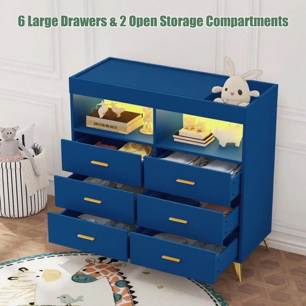 Babevy Changing Table Dresser with Drawers, Baby Dresser with Changing Table Top, Power Outlet, LED Light & Metal Feet, Diaper Changing Station Nursery Organizer for Infants Newborn (Blue)