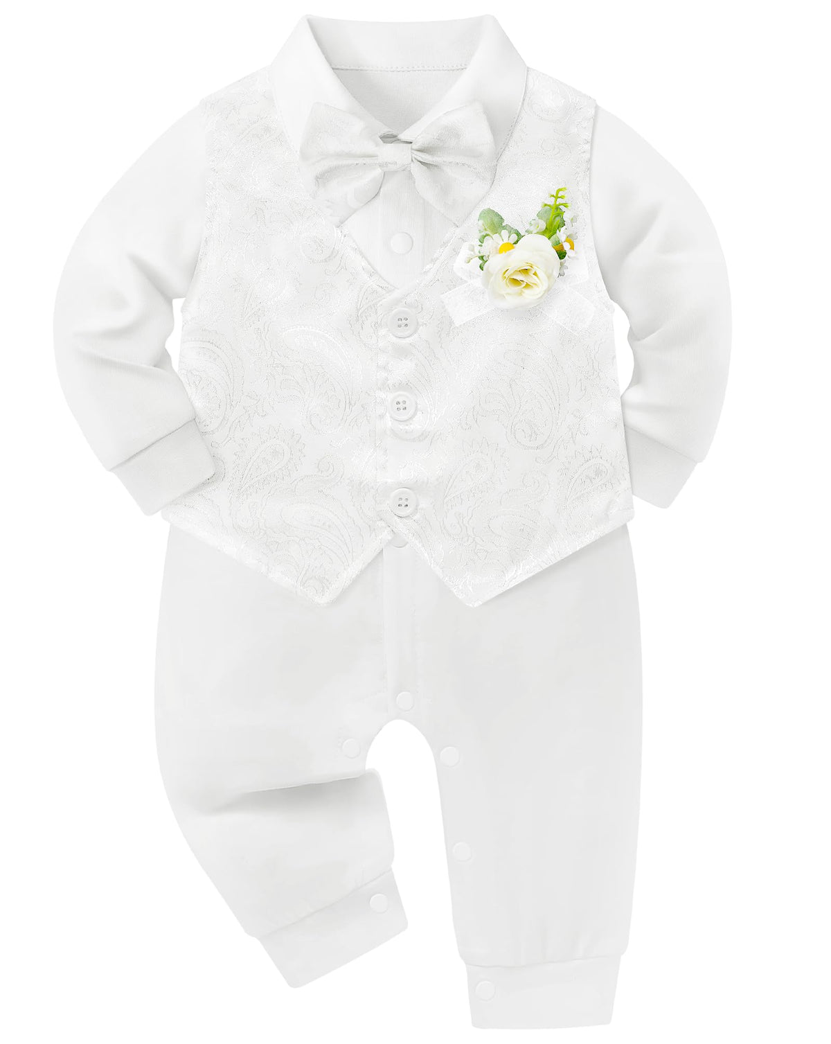 mikiumkee Baby Boy Suit Gentleman Clothes Wedding Christening Baptism Outfits Formal Jumpsuit Long Sleeve Romper+Vest White 6-12 Months