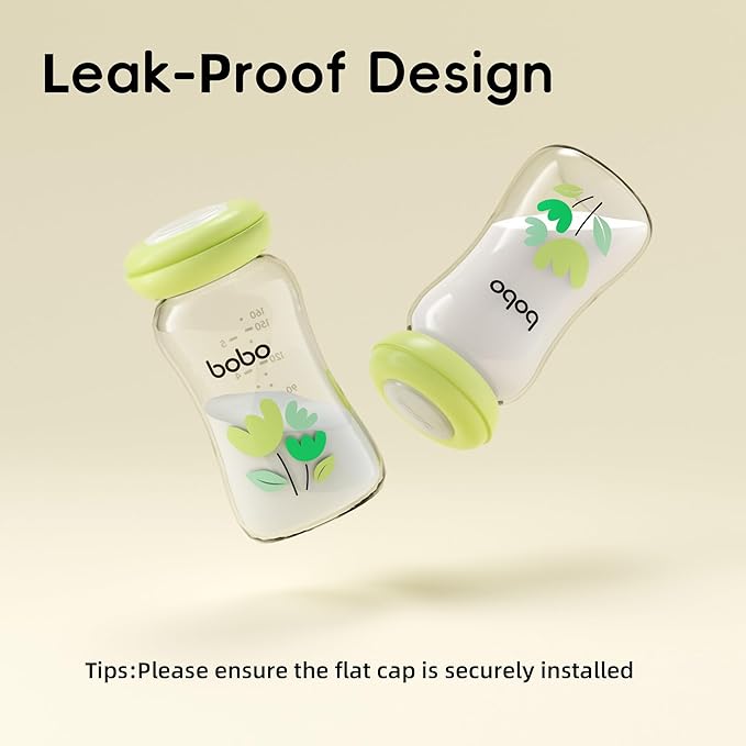 YOHKOH Glass Breast Milk Storage Bottles - 100% Leak-Proof, BPA-Free Breastmilk Storage Containers, Freezer & Dishwasher Safe, Ideal for Nursing Mothers (Green, 5.4oz (Pack of 4))