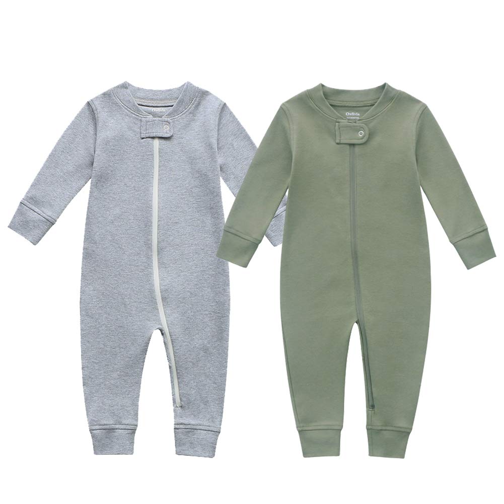 Owlivia Organic Cotton Baby Boy Girl Zip up Sleep N Play, Footless, Long Sleeve(12-18 Months, Dark Grey Melange & Olive Green)