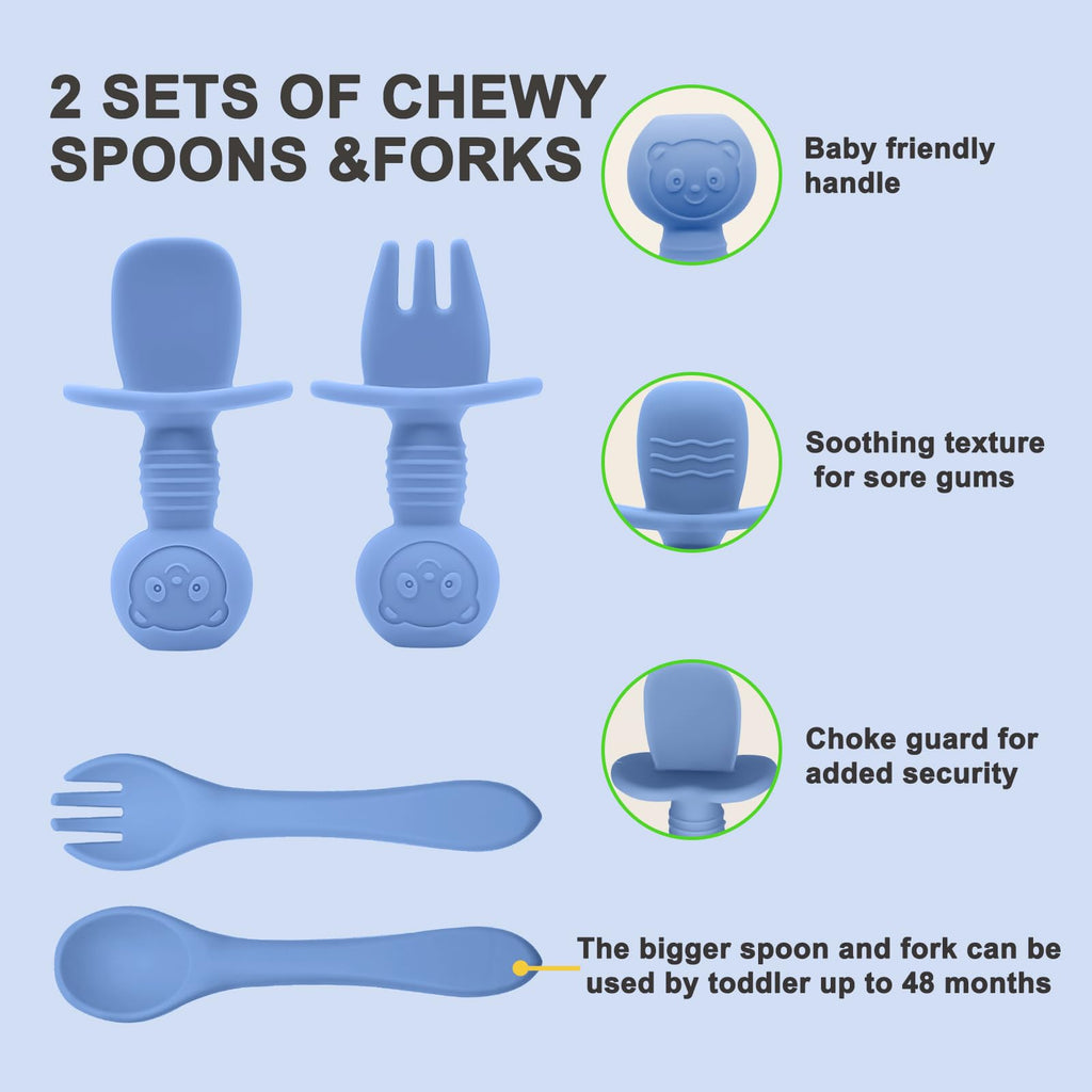 Munlinder Silicone Baby Feeding Set | Baby Led Weaning Supplies Includes Suction Bowls and Divided Plates, Adjustable Bib, Baby Utensils Spoons and Forks,Cup | Baby Feeding Essentials (Deep Blue)