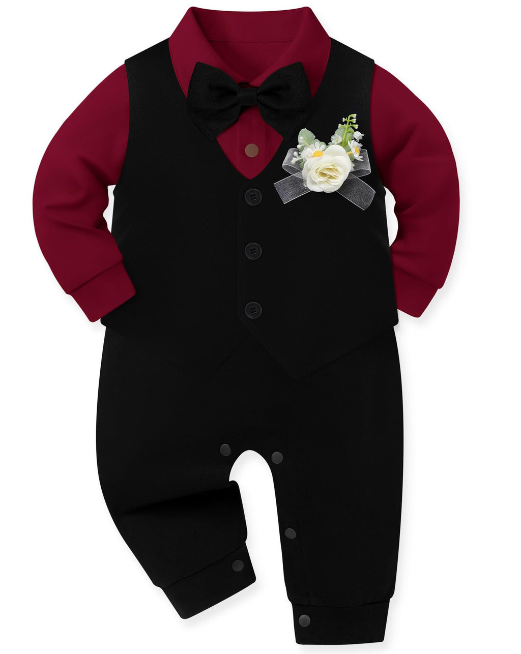 mikiumkee Baby Boy Suit Gentleman Clothes Wedding Outfits Formal Jumpsuit Long Sleeve Romper+Vest Wine Red 18-24 Months
