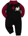 mikiumkee Baby Boy Suit Gentleman Clothes Wedding Outfits Formal Jumpsuit Long Sleeve Romper+Vest Wine Red 18-24 Months