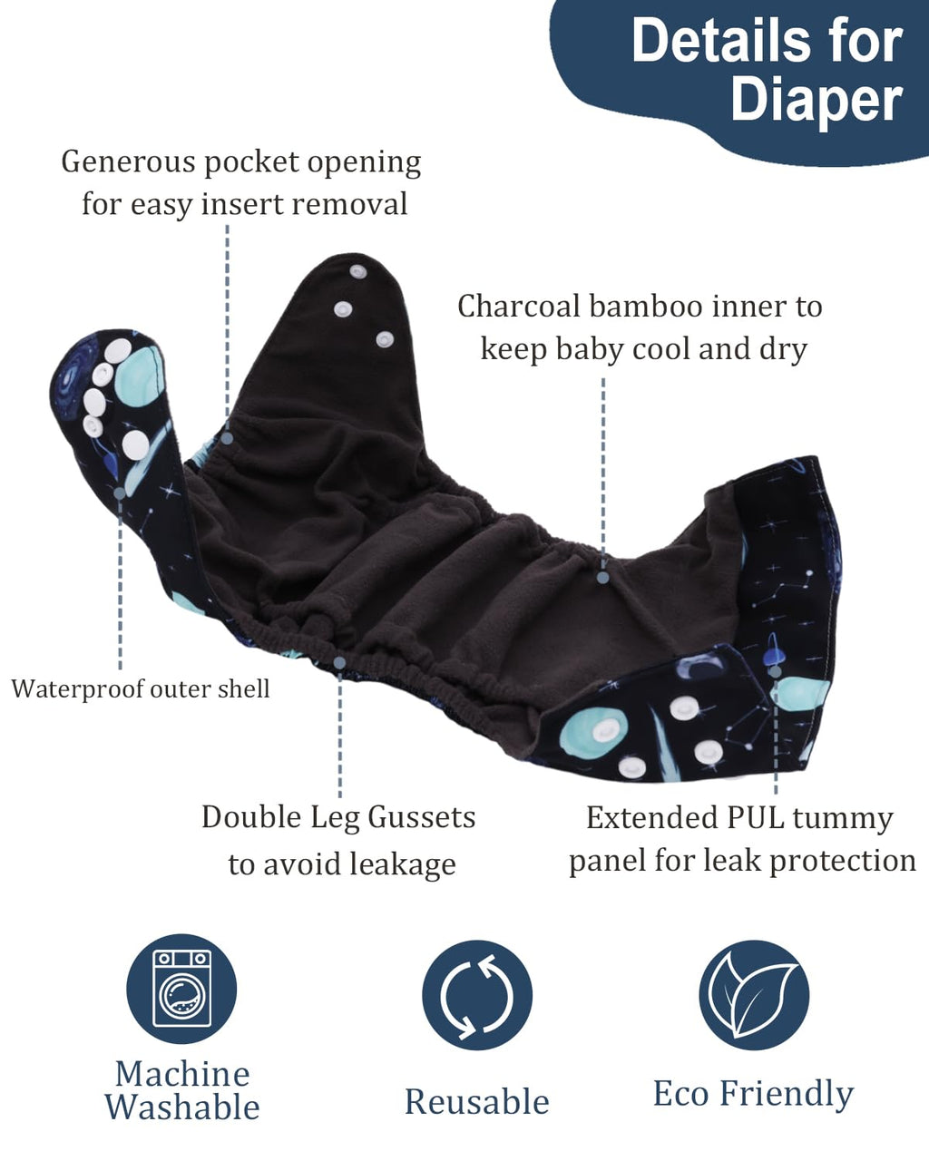 babygoal Reusable Charcoal Cloth Diapers with Double Gussets, 3 Pack Washable Baby Pocket Diapers with 3pcs Charcoal Inserts and Wet Dry Bag(Space,Moon,Star,Rocket)