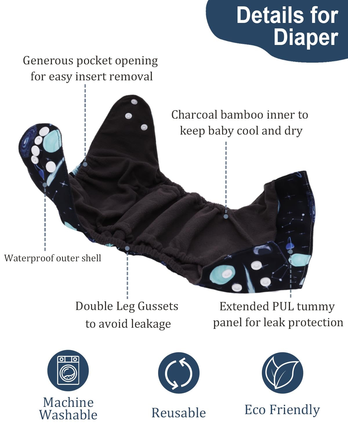 babygoal Reusable Charcoal Cloth Diapers with Double Gussets, 3 Pack Washable Baby Pocket Diapers with 3pcs Charcoal Inserts and Wet Dry Bag(Space,Moon,Star,Rocket)