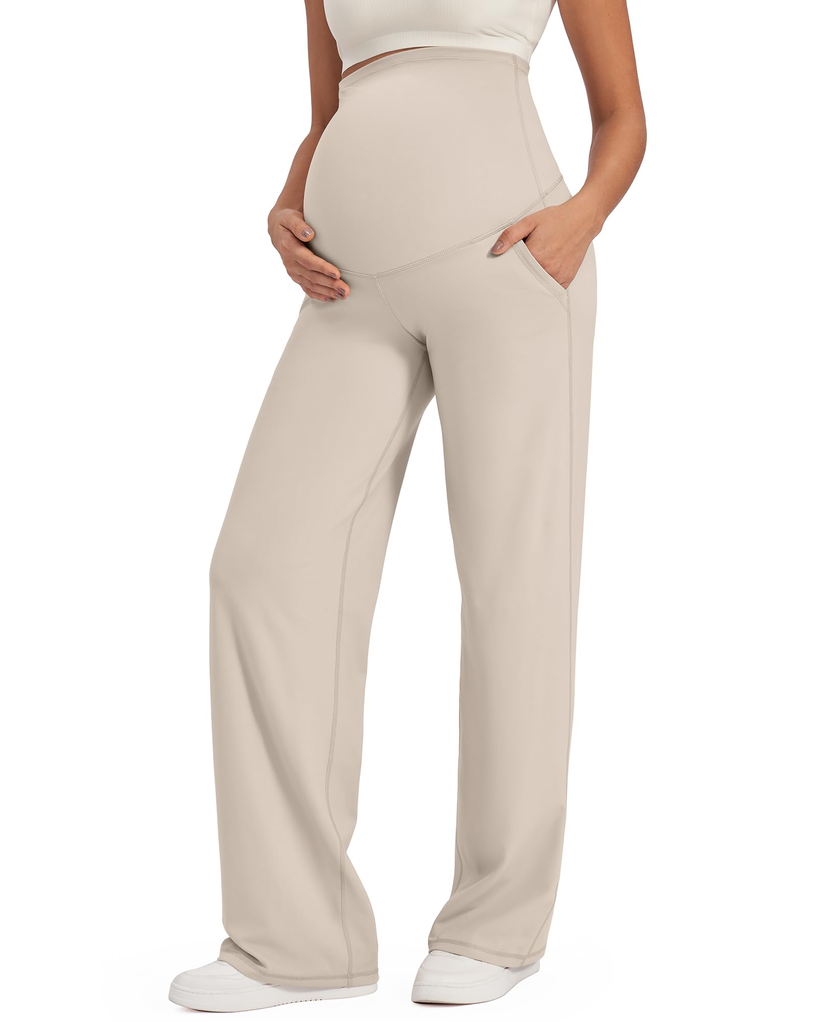 G4Free Maternity Dress Pants Over the Belly for Yoga,Light Khaki,XS,Tall