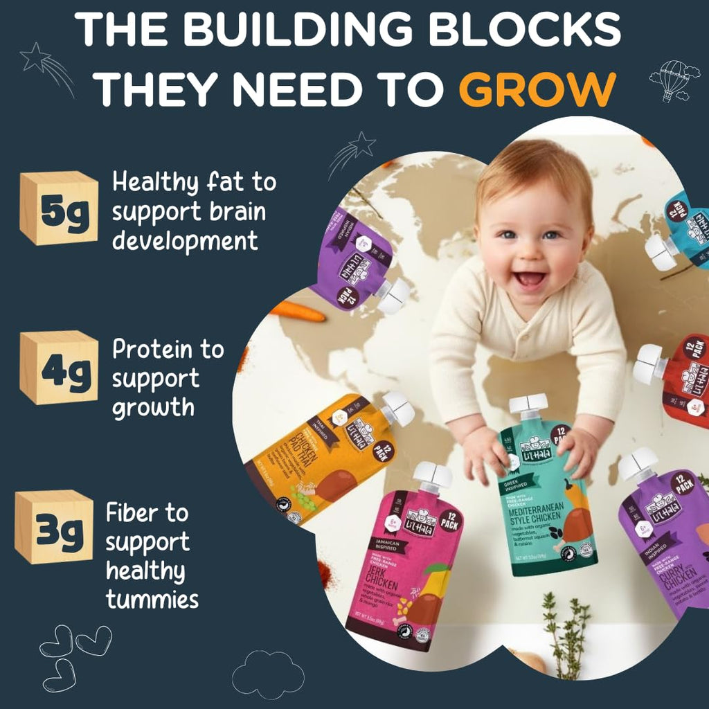 Li’l Hala Baby Food Meat Pouches, Chicken & Beef Meat Purees with Organic Veggies, Protein, Iron & Fiber, Stage 2 Baby Food, On-the-Go Toddler Meals, Variety 6 Pack