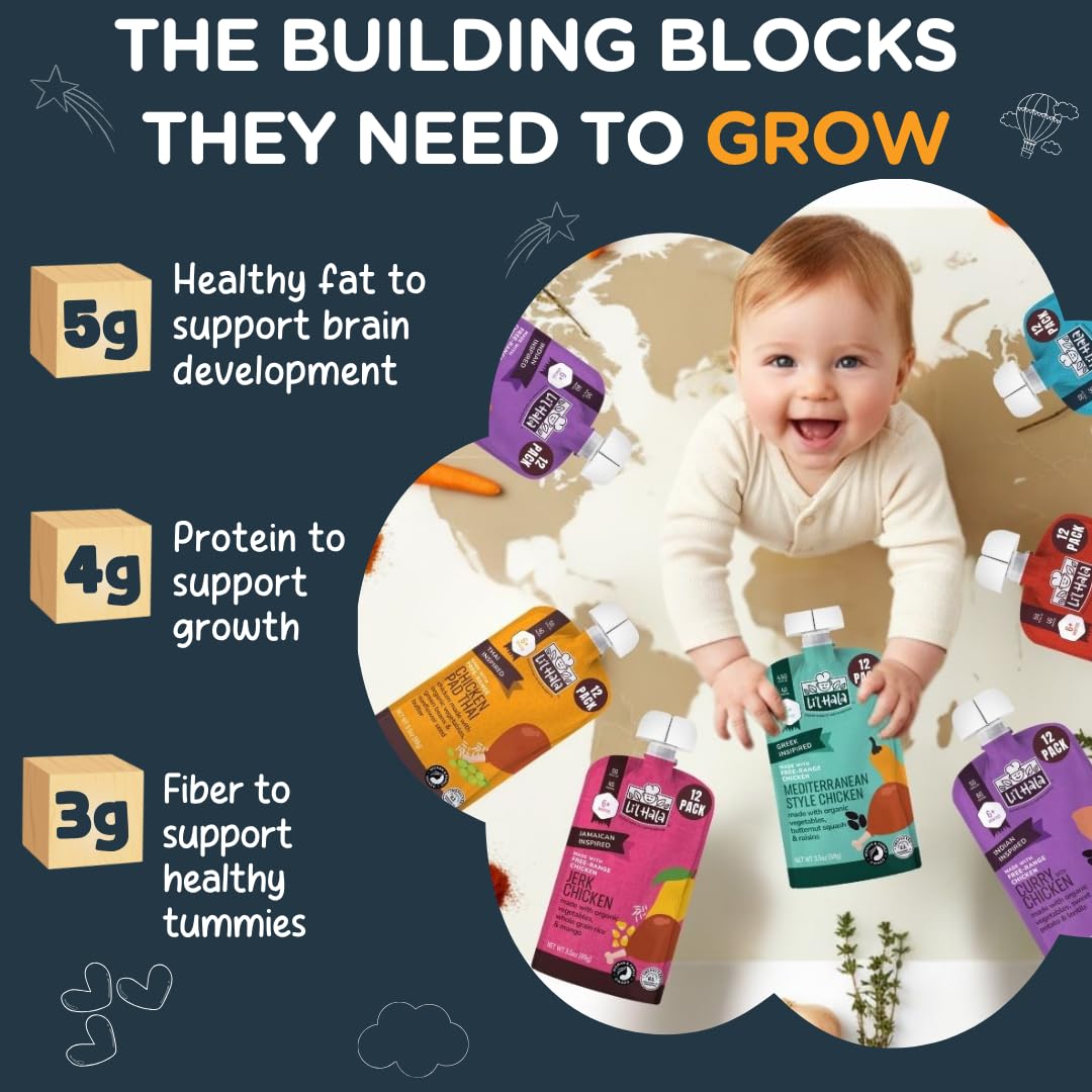 Li’l Hala Baby Food Meat Pouches, Chicken & Beef Meat Purees with Organic Veggies, Protein, Iron & Fiber, Stage 2 Baby Food, On-the-Go Toddler Meals, Variety 6 Pack