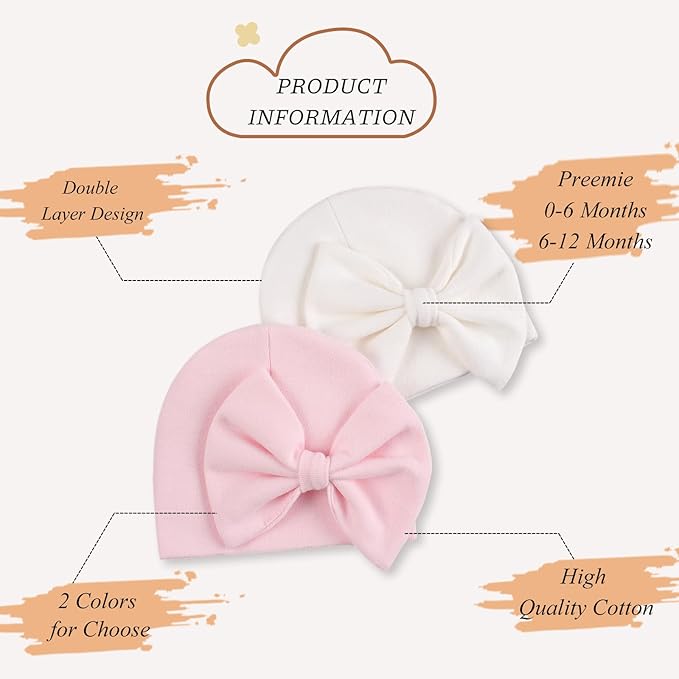 Bamery Newborn Baby Girl Hat Cotton Baby Bow Beanie Preemie Hats Spring Infant Hats for Girls 0-12 Months