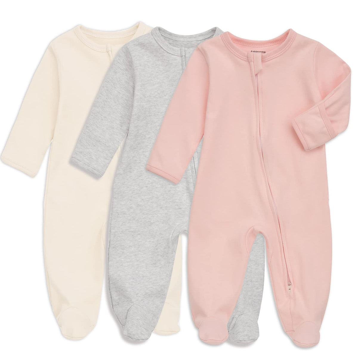 Aablexema Baby Footie Pajamas with Mitten Cuffs, Double Zipper Infant Cotton clothes Sleeper Pjs, Footed Sleep Play (6-9m, Ivory & Grey & Blue)