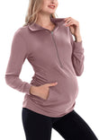 GINKANA Women's Maternity Sweatshirt Long Sleeve Kangaroo Pocket Shirt Casual Pregnancy Lapel Sweatshirt Half Zipper Tops,Mauve,M