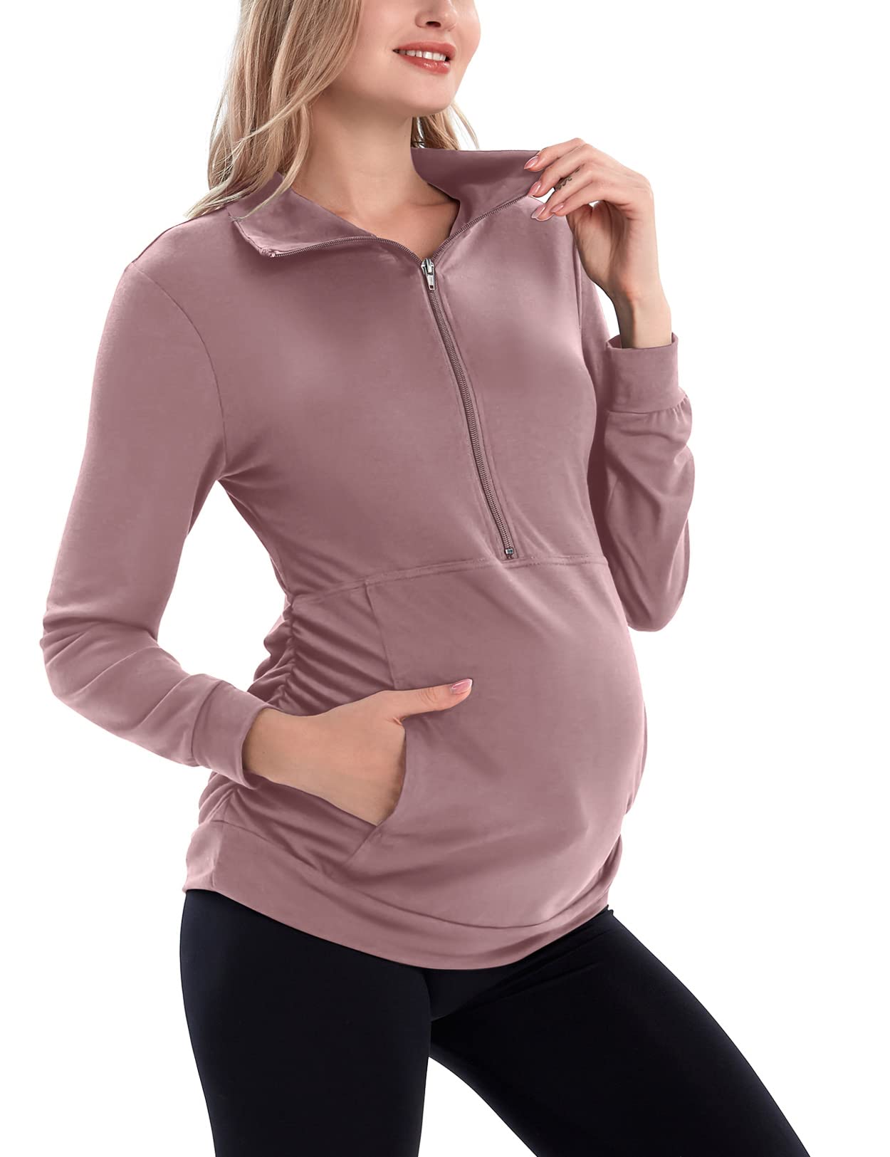 GINKANA Women's Maternity Sweatshirt Long Sleeve Kangaroo Pocket Shirt Casual Pregnancy Lapel Sweatshirt Half Zipper Tops,Mauve,M