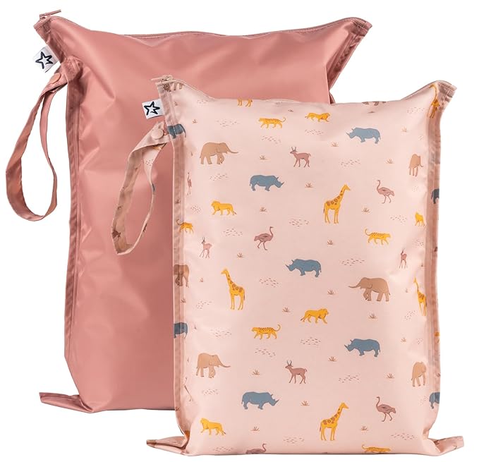 Tiny Twinkle Wet Dry Bag – 2 Pack Reusable Waterproof & Mess Proof Wet Bags for Swimsuits & Travel, Baby Towels & Beach Essentials,a Diaper Bag Must-Have(Petite Safari)