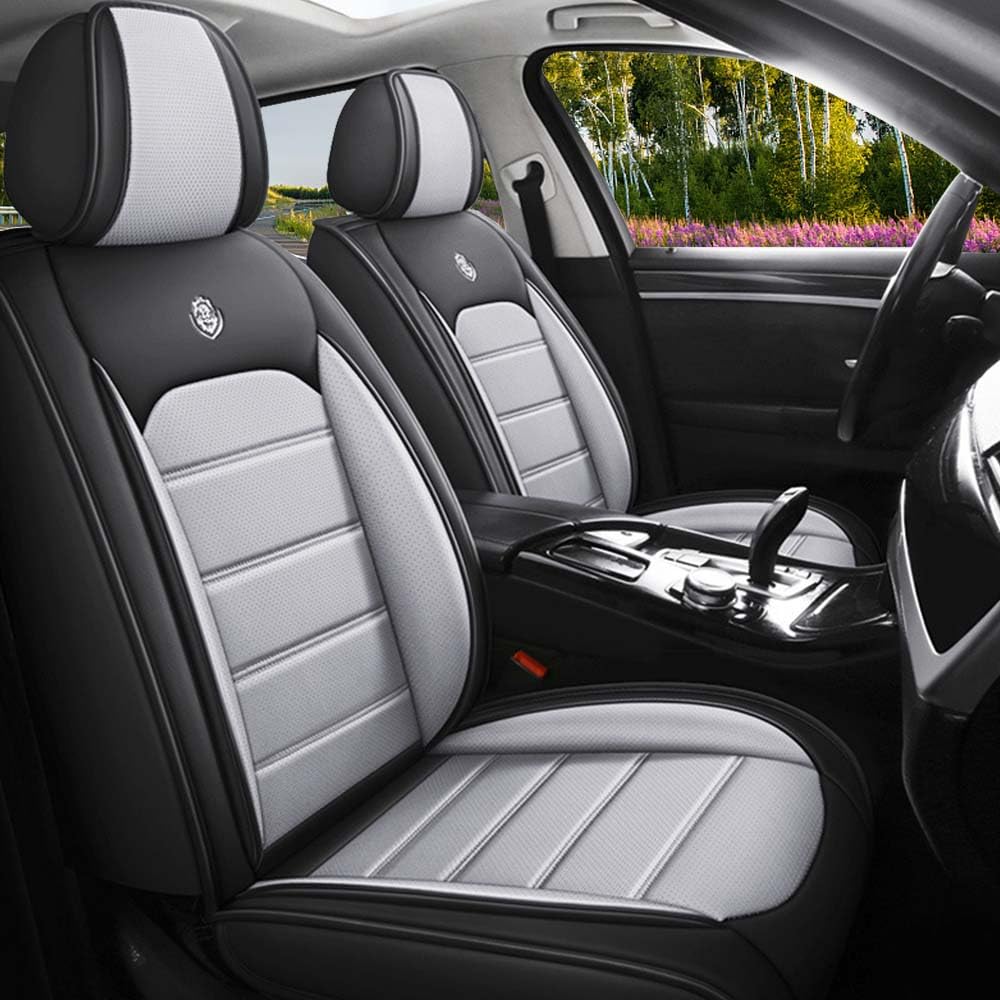 LEYPOCO Leather Seat Cover for Ford Edge 2010-2026,Waterproof Soft Seat Covers,Interior Accessories Seat Covers Cushion Vehicle Protector Airbag Compatible(Black&Gray,2PCS Front)