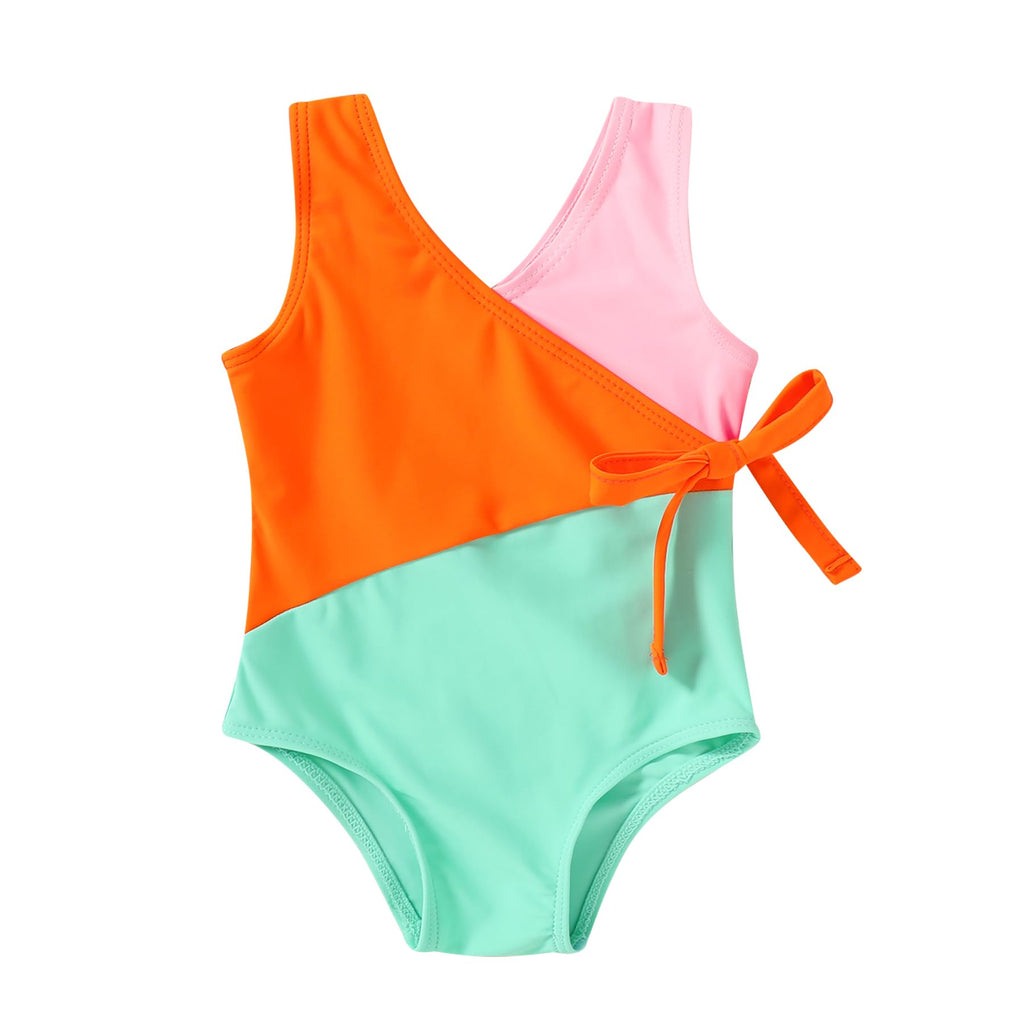 Happy Town Toddler Swimsuit Girl One Piece Bathing Suit Color Block Swimwear Baby Summer Beach Wear(5-6 Years,Pink Orange Green)