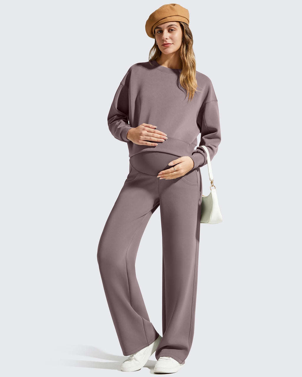 G4Free Maternity Dress Pants with Pockets Casual Lounge Sweatpants Over Bump Pregnancy Trousers Comfy Postpartum Cloth(Taupe,L,Regular)